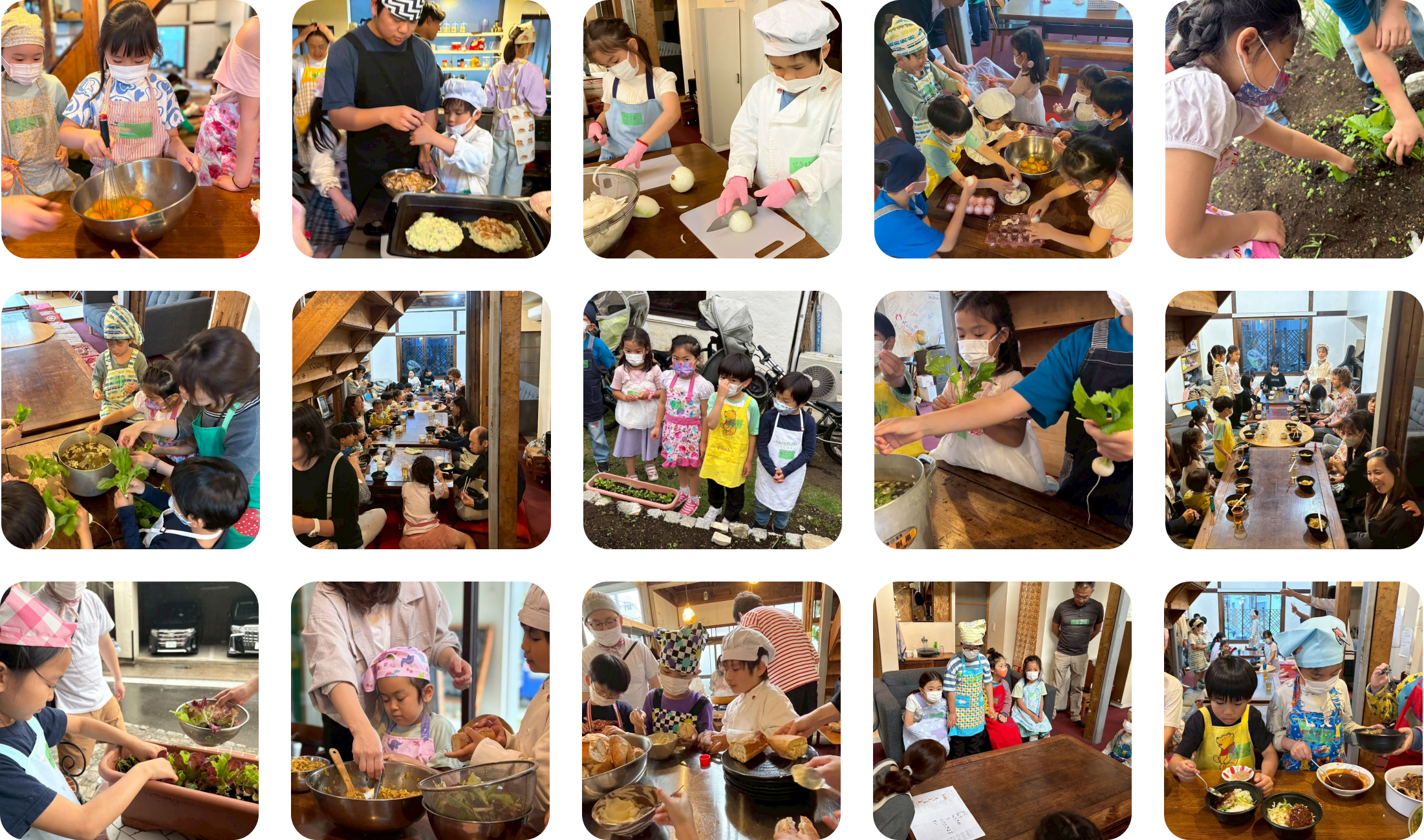 子どもたちが料理や食事の準備、野菜の収穫を体験している様子。エプロンや帽子を身につけ、大人と一緒に調理したり、みんなで食卓を囲んで楽しく食事をしている。