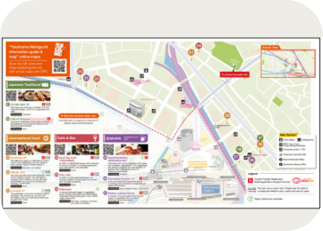 観光地や主要スポットが描かれた横浜の地図と写真を組み合わせた英語マップのデザイン画像