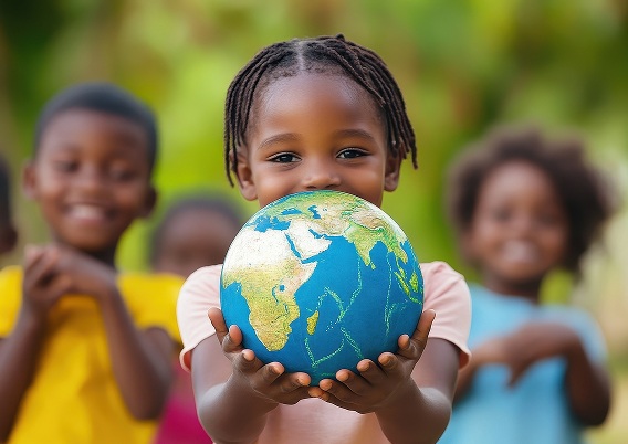 笑顔の子どもが地球儀を両手で持ち、後ろにいる友達と一緒にカメラを見ている様子。世界とのつながりを象徴する写真