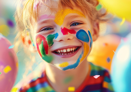 顔にカラフルなペイントをした子どもが笑顔でカメラを見ている様子。楽しさと創造性を表現した写真